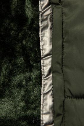 Olívazöld színű téli kabát ezüstszürke színű szegéllyel