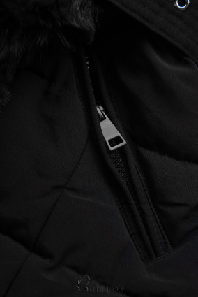 Fekete színű téli kabát övvel és műszőrmével