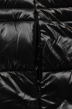 Fekete színű fényes steppelt dzseki kapucnival