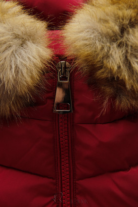 Borvörös színű steppelt téli kabát műszőrmével