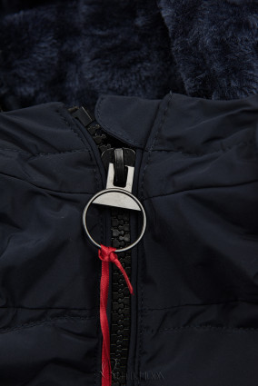 Sötétkék színű téli steppelt kabát kapucnival