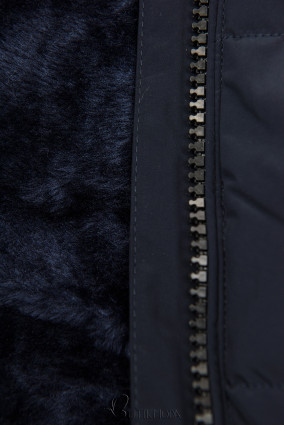 Sötétkék színű téli steppelt kabát kapucnival