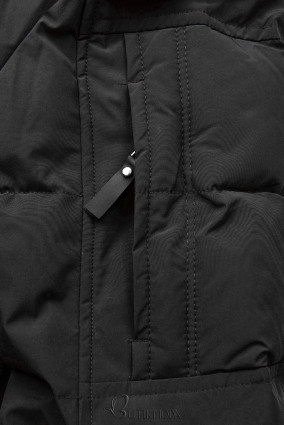Fekete színű téli kabát derékban behúzással