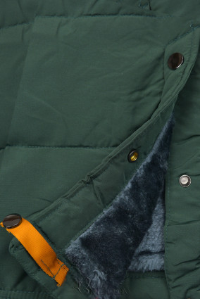 Sötétzöld színű téli kabát szürke plüssel