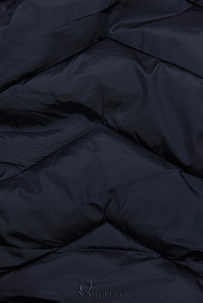 Sötétkék színű steppelt téli kabát levehető kapucnival