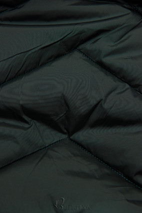 Sötétzöld színű steppelt téli kabát levehető kapucnival