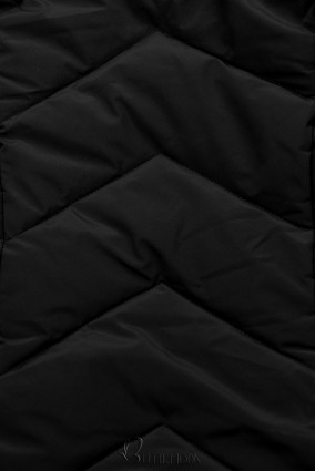 Fekete színű téli steppelt kabát levehető kapucnival