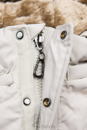 Krémszínű steppelt téli kabát kapucnival