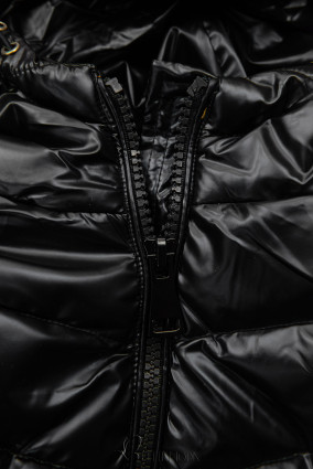 Fekete színű fényes téli kabát levehető műszőrmével