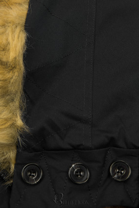 Fekete színű kabát magas gallérral és műszőrmével