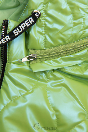 Almazöld színű fényes dzseki kapucnival