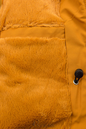 Mustársárga színű téli kabát barna színű műszőrmével