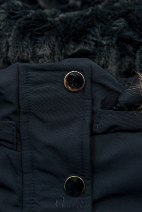 Sötétkék színű téli kabát barna színű műszőrmével