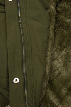 Khaki színű téli kabát barna színű műszőrmével