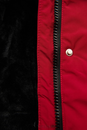 Hosszított parka műszőrmével - piros/fekete színű