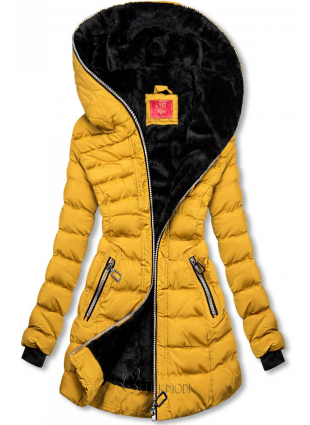 Téli steppelt kabát kapucnival - sárga színű