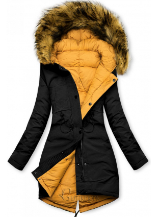 Fekete és sárga színű kifordítható téli kabát