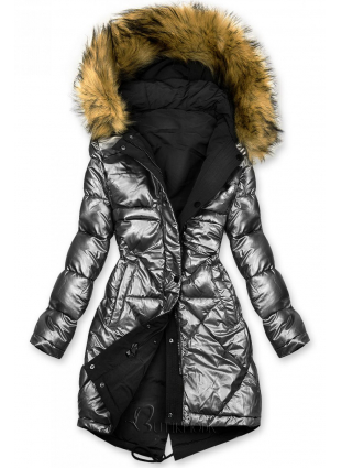 Fekete és ezüstszürke színű kifordítható téli kabát