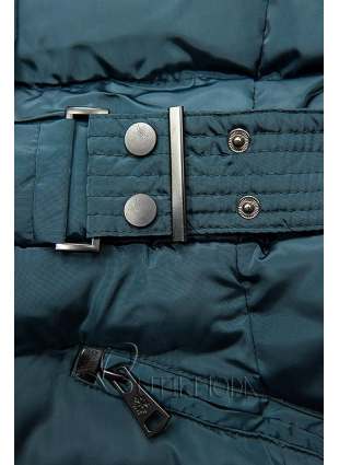 Kék-zöld színű kabát levehető kapucnival