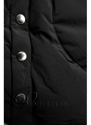 Fekete színű téli kabát ezüstszürke színű szegéllyel
