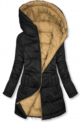 Fekete és barnabézs színű kifordítható kabát kapucnival