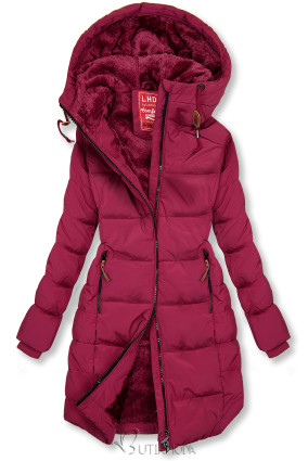 Borvörös színű téli steppelt kabát kapucnival
