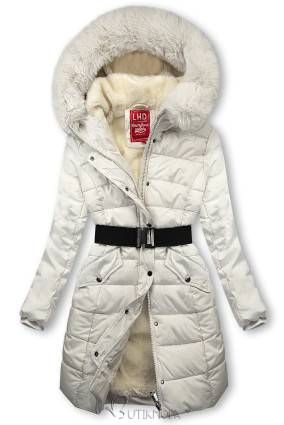 Ekrü színű téli kabát övvel