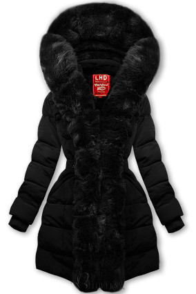 Fekete színű téli kabát övvel és műszőrmével