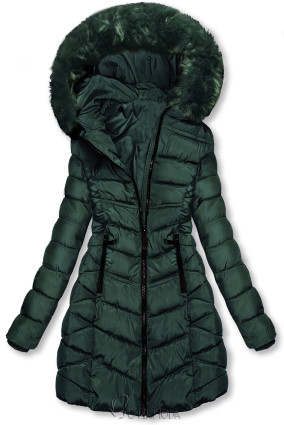 Sötétzöld színű téli kabát levehető műszőrmével