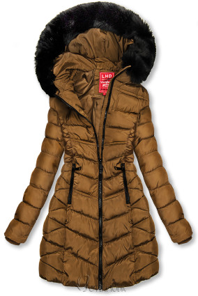 Karamellbarna színű téli kabát levehető műszőrmével