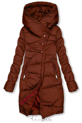 Paliszanderbarna színű steppelt téli kabát magas gallérral