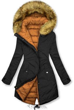 Kifordítható téli kabát szőrmével  - fekete és karamellszínű