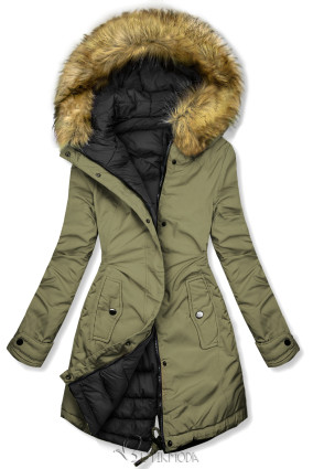 Kifordítható téli kabát szőrmével  - olíva és fekete színű