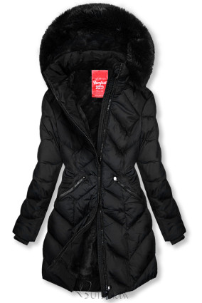 Fekete színű steppelt téli kabát levehető kapucnival