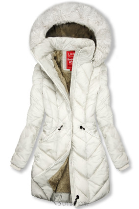 Krémszínű steppelt téli kabát levehető kapucnival
