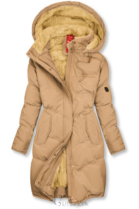 Homokbarna színű téli kabát plüss béléssel