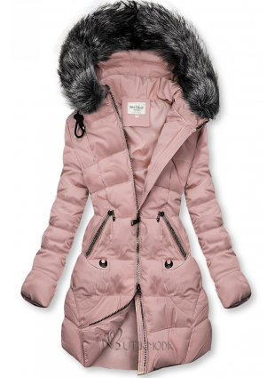 Rózsaszínű steppelt kabát kapucnival