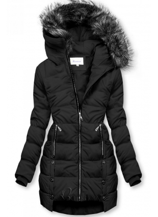 Fekete színű téli steppelt kabát