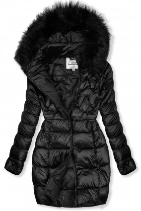 Fekete színű átmeneti kabát kapucnival és műszőrmével