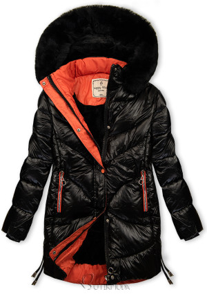 Fényes téli kabát - fekete és narancs színű