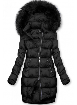 Fekete színű téli kabát cipzárral