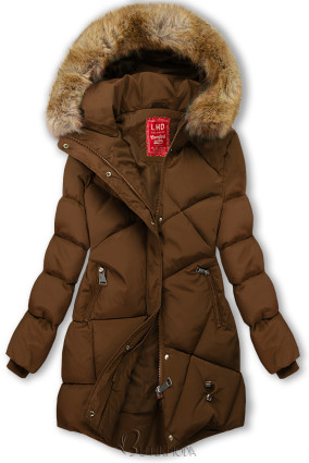Barna színű téli kabát kapucnival