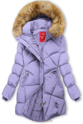 Világoslila színű téli kabát kapucnival