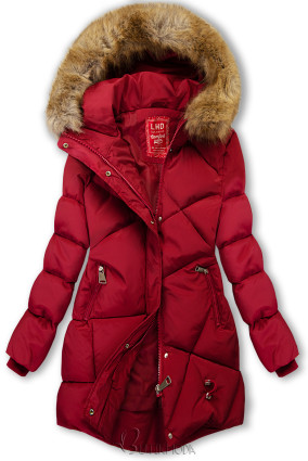 Piros színű téli kabát kapucnival