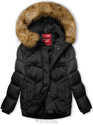 Fekete színű téli kapucnis dzseki műszőrmével