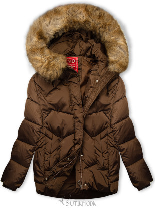 Barna színű téli kapucnis dzseki műszőrmével