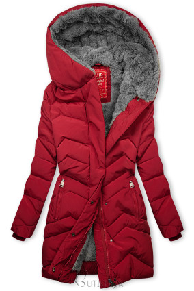 Piros színű steppelt téli kabát plüssel