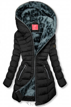 Téli steppelt kabát kapucnival - fekete színű