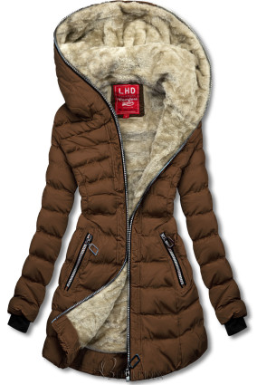 Téli steppelt kabát kapucnival - csokoládébarna színű