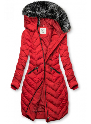 Piros színű steppelt hosszú kabát